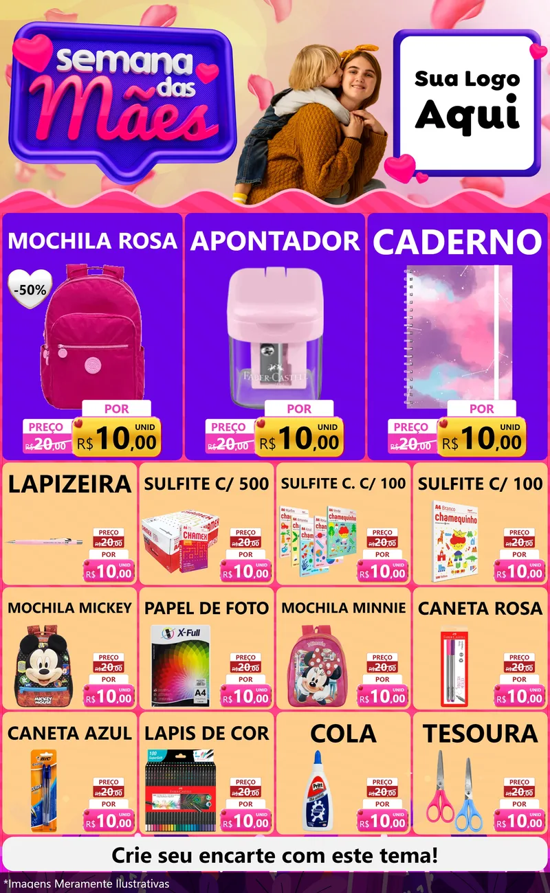 Modelo de Encarte para Encarte Grande com o tema Semana das Mães para Papelaria