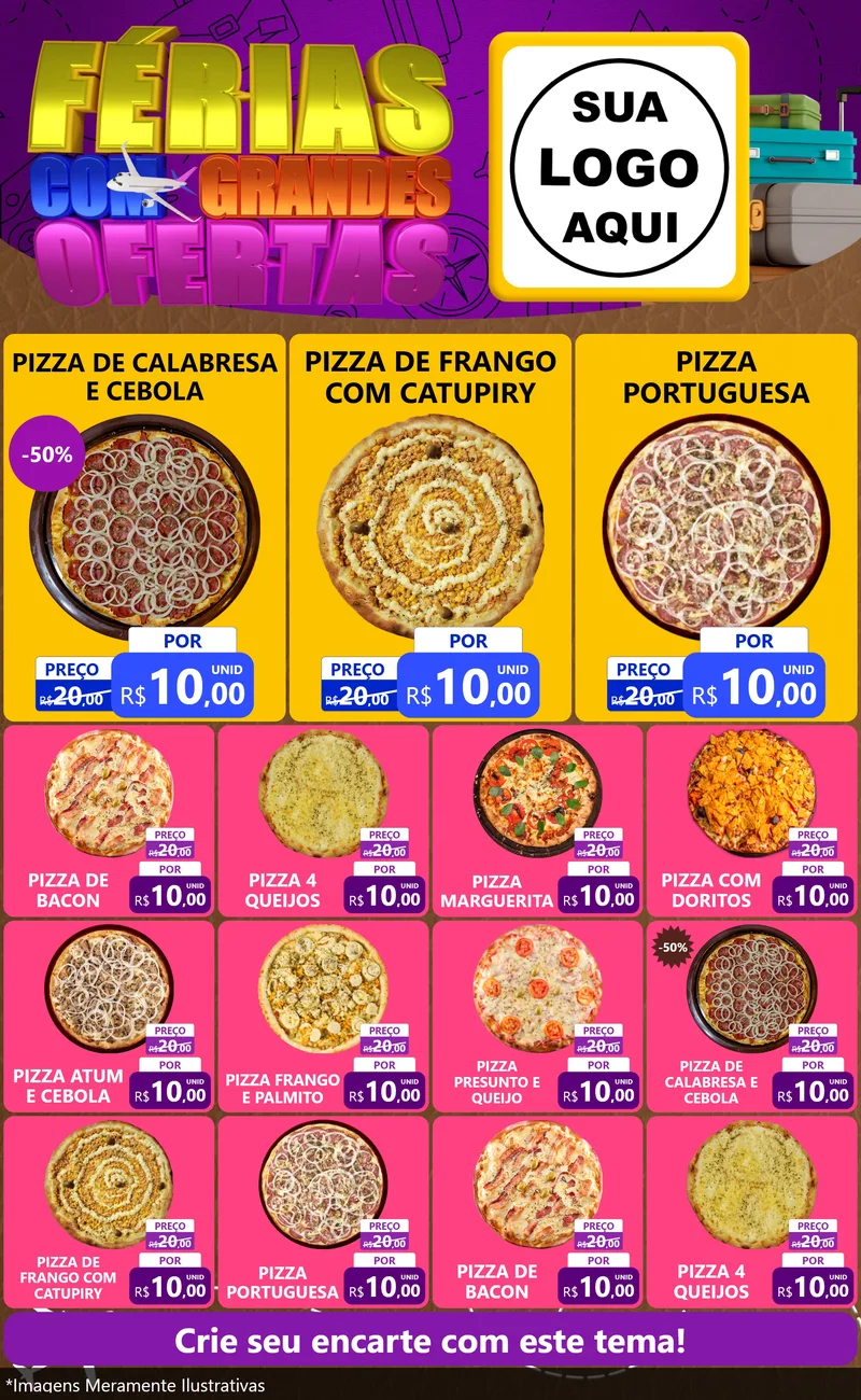 Modelo de Encarte para Encarte Grande com o tema Férias com Grandes Ofertas para Pizzaria