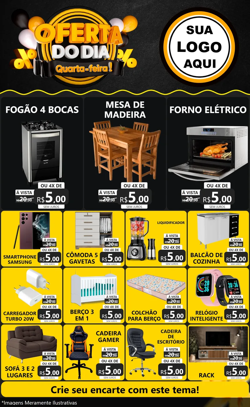Modelo de Encarte para Encarte Grande com o tema Oferta do Dia - Quarta Feira! para Móveis e Eletro
