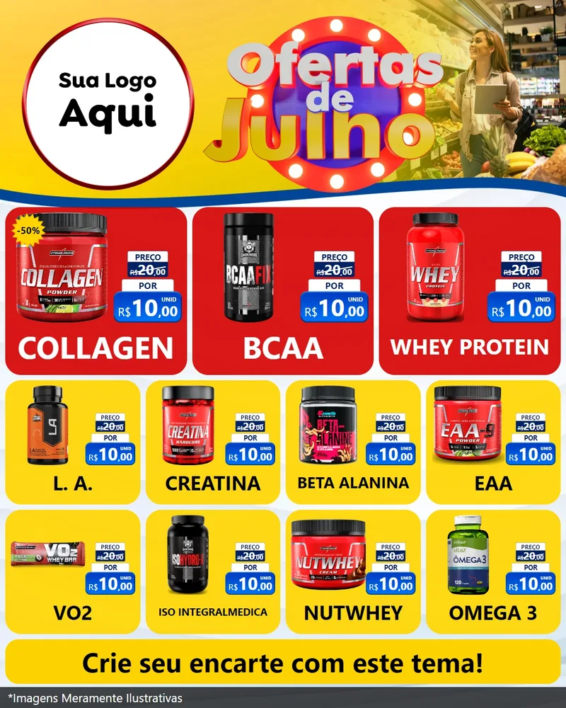 Modelo de Rede Social para Feed Instagram com o tema Ofertas de Julho para Suplementos alimentares