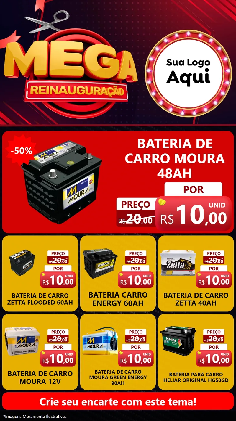 Modelo de Rede Social para Stories com o tema Mega Reinauguração para Baterias Elétricas