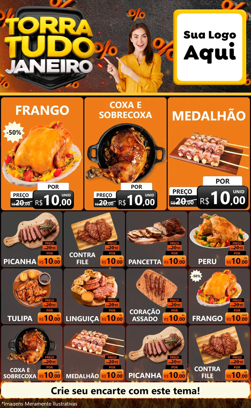 Modelo de Encarte para Encarte Grande com o tema Torra Tudo Janeiro para Assados