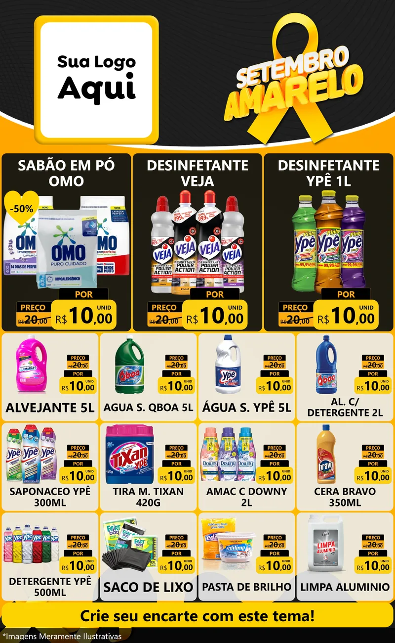 Modelo de Encarte para Encarte Grande com o tema Setembro Amarelo para Produtos de Limpeza