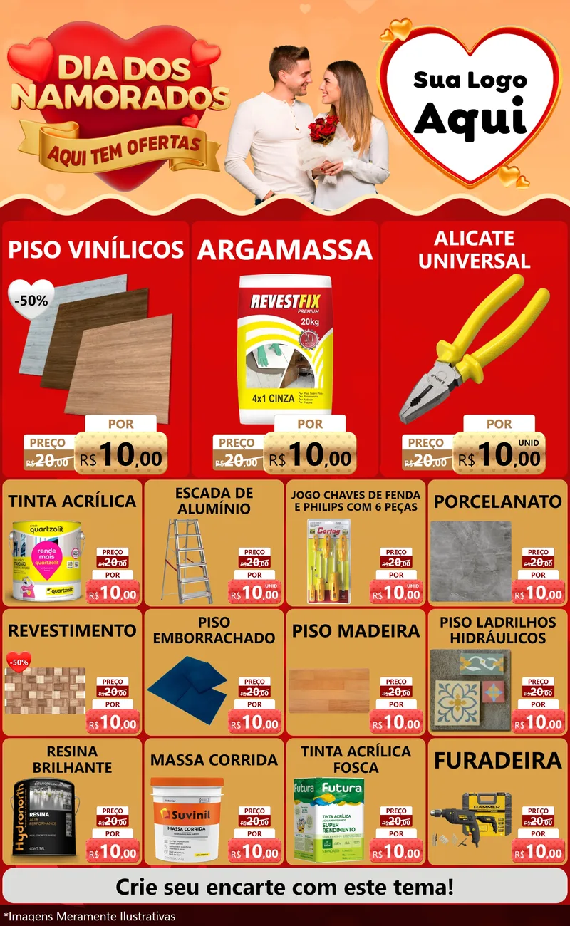 Modelo de Encarte para Encarte Grande com o tema Dia dos Namorados - Aqui Tem Ofertas para Material para Construção