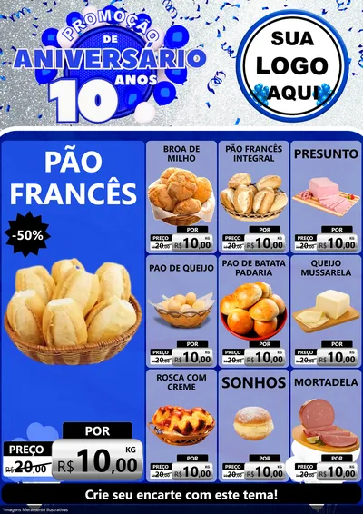 Modelo de Encarte para Encarte A4 Vertical com o tema Promoção de Aniversário - 10 Anos para Padaria