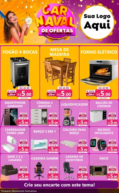 Modelo de Encarte para Encarte Grande com o tema Carnaval de Ofertas para Móveis e Eletro