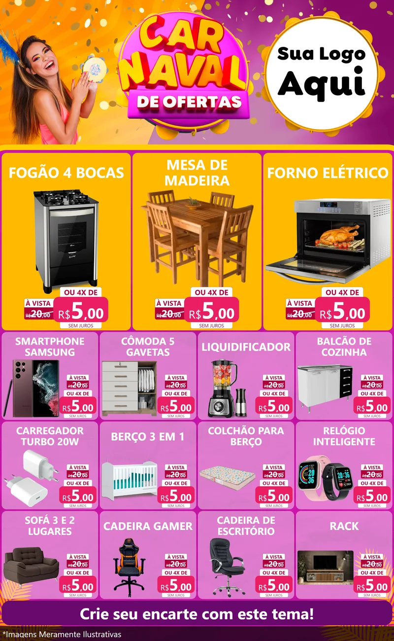 Modelo de Encarte para Encarte Grande com o tema Carnaval de Ofertas para Móveis e Eletro