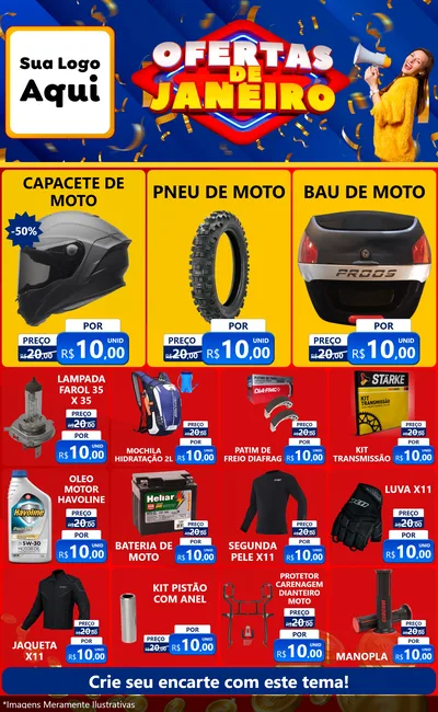 Modelo de Encarte para Encarte Grande com o tema Ofertas de Janeiro para Moto peças
