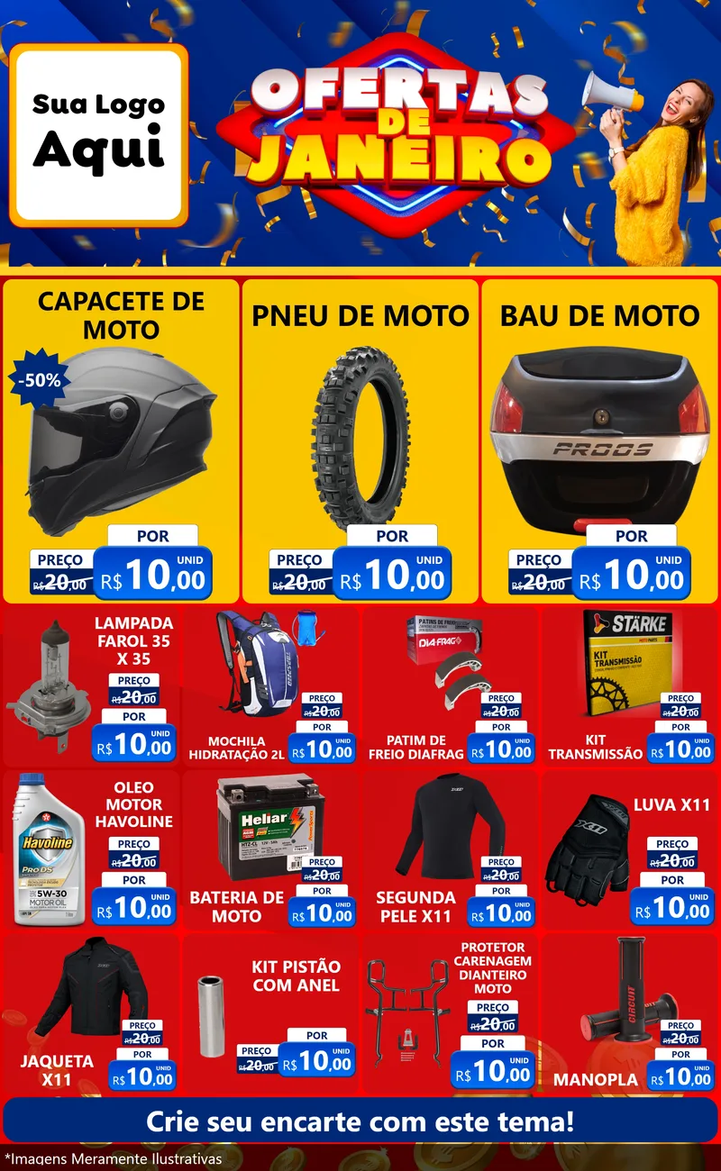 Modelo de Encarte para Encarte Grande com o tema Ofertas de Janeiro para Moto peças