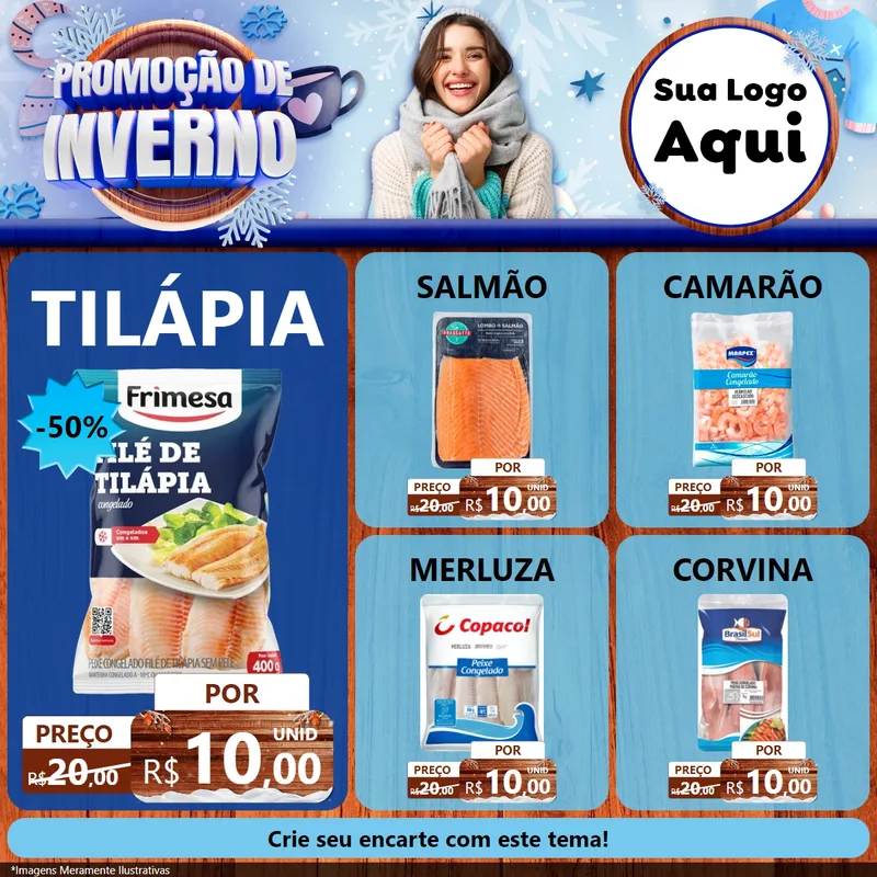 Modelo de Rede Social para Feed Facebook com o tema Promoção de Inverno para Peixaria