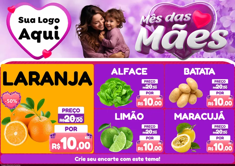 Modelo de Encarte para Encarte A4 Horizontal com o tema Mês das Mães para Hortifrúti