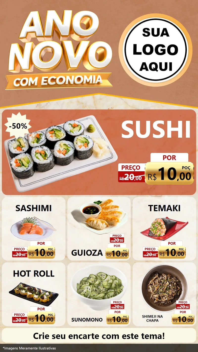 Modelo de Rede Social para Stories com o tema Ano Novo Com Economia para Comida japonesa