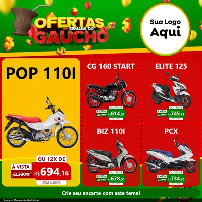 Modelo de Rede Social para Feed Facebook com o tema Ofertas Semana Do Gaúcho para Concessionaria de Motos