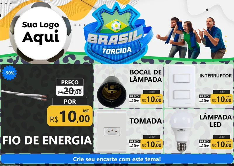 Modelo de Encarte para Encarte A4 Horizontal com o tema Brasil Torcida - Copa para Materiais Elétricos