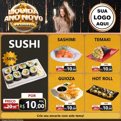 Modelo de Rede Social para Feed Facebook com o tema Liquida Ano Novo Imperdível para Comida japonesa