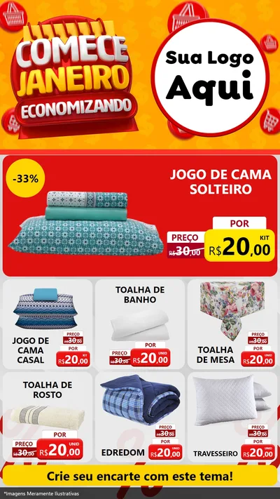 Modelo de Rede Social para Stories com o tema Comece Janeiro Economizando para Cama, Mesa e Banho
