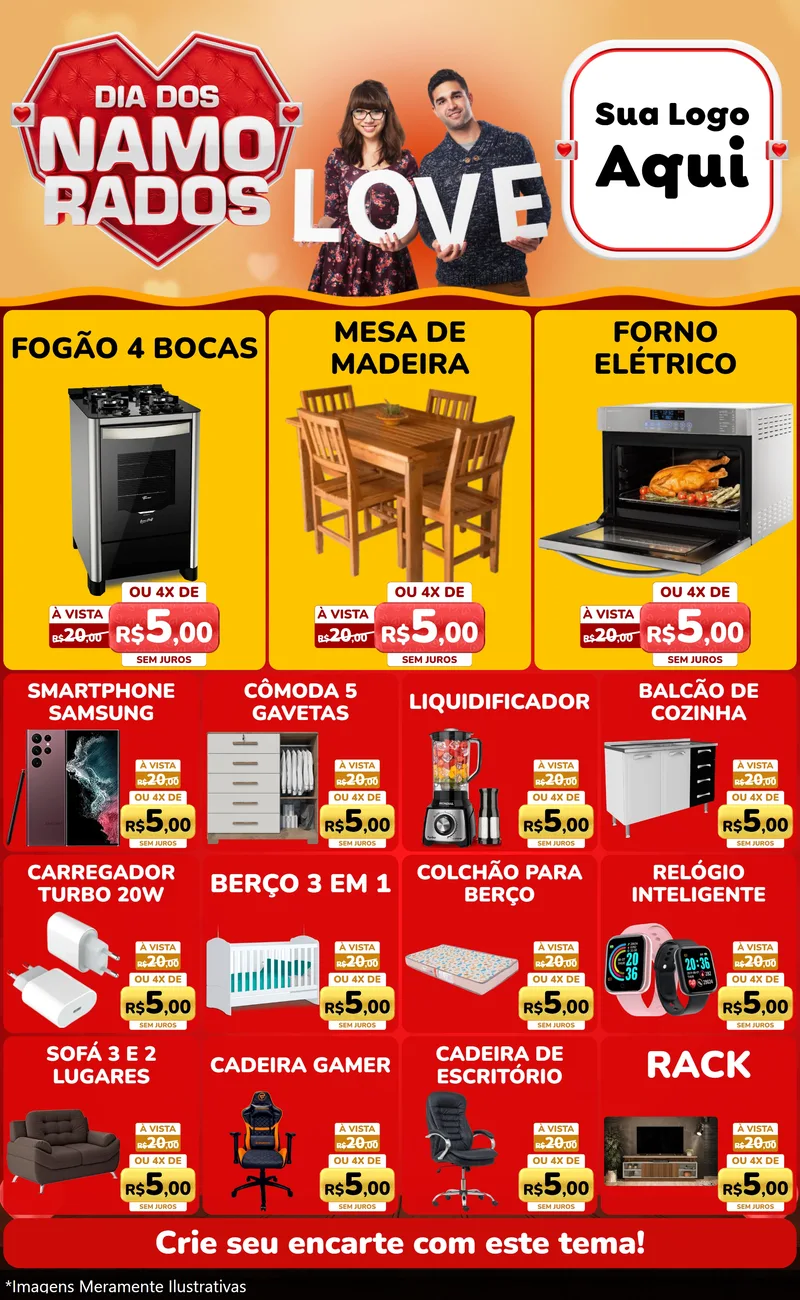 Modelo de Encarte para Encarte Grande com o tema Dia dos Namorados para Móveis e Eletro