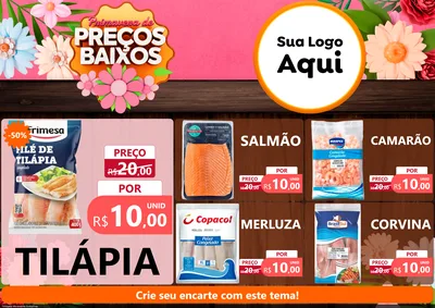 Modelo de Encarte para Encarte A4 Horizontal com o tema Primavera de Preços Baixos para Peixaria