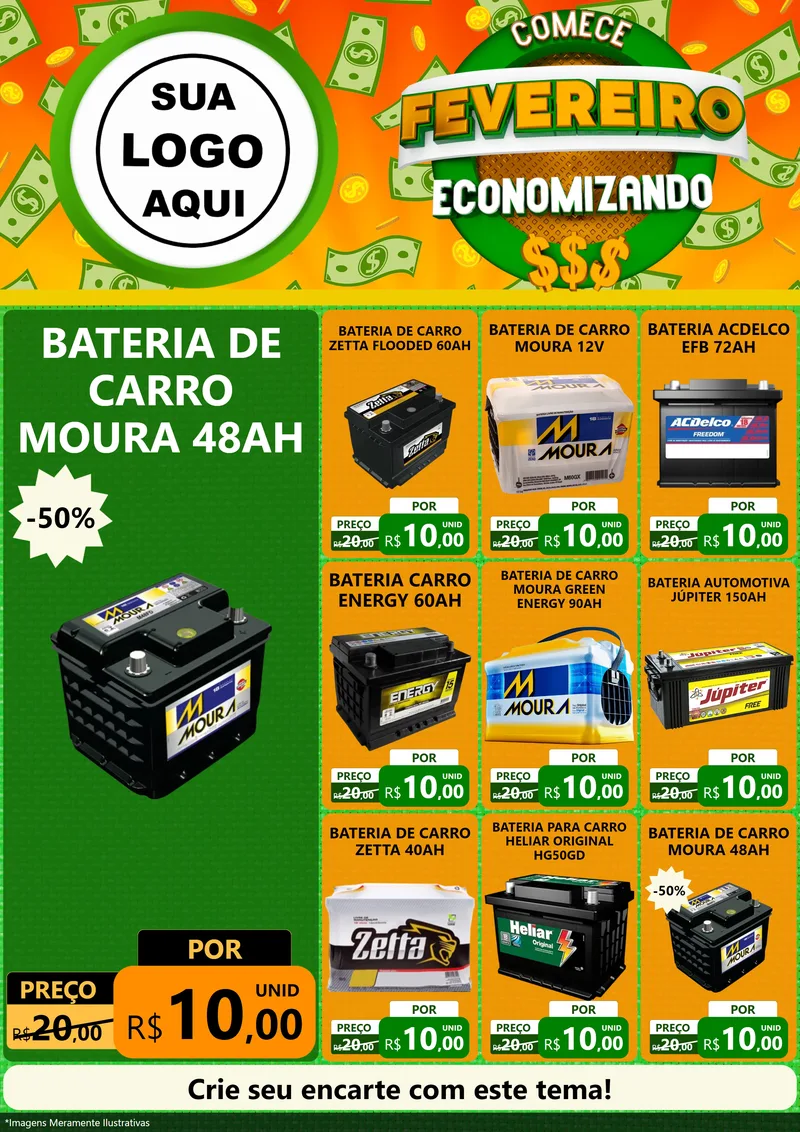 Modelo de Encarte para Encarte A4 Vertical com o tema Comece Fevereiro Economizando para Baterias Elétricas