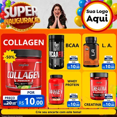 Modelo de Rede Social para Feed Facebook com o tema Super Inauguração para Suplementos alimentares