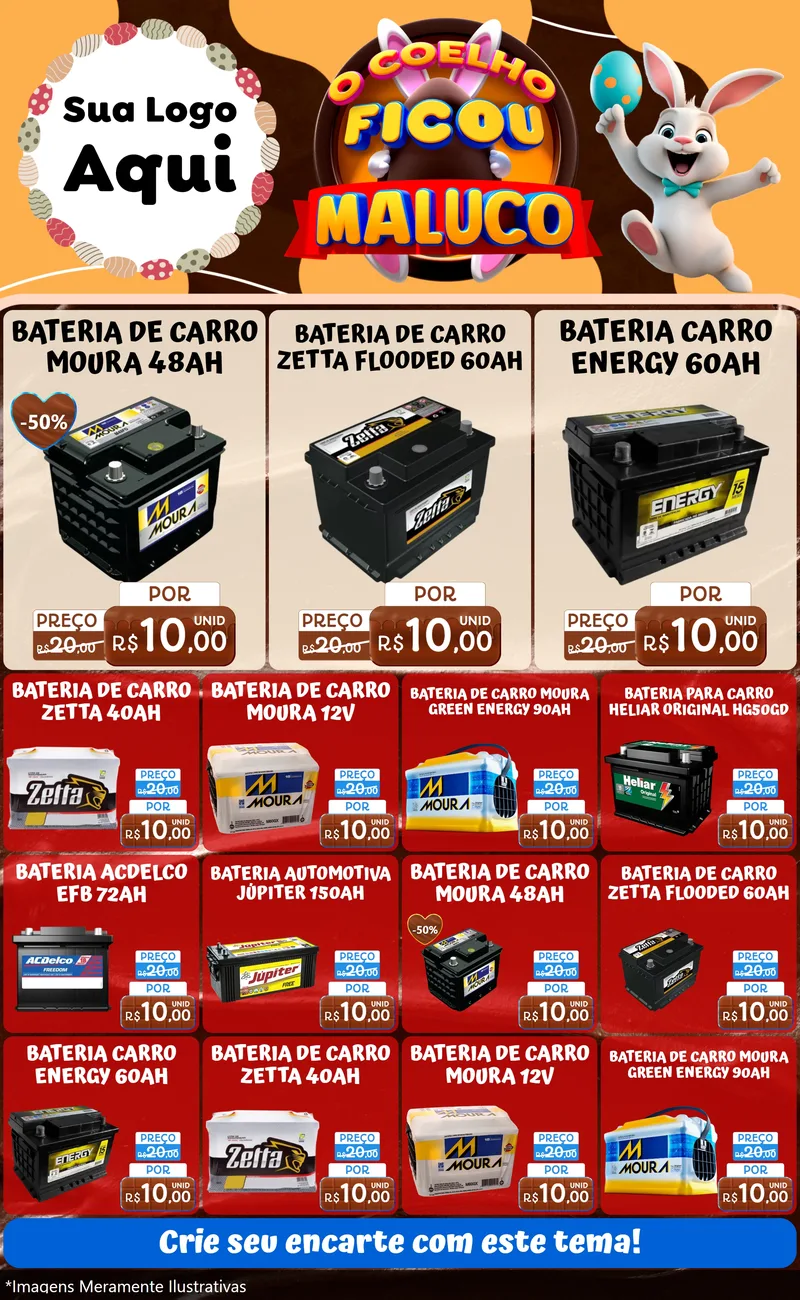 Modelo de Encarte para Encarte Grande com o tema O Coelho Ficou Maluco - Páscoa para Baterias Elétricas