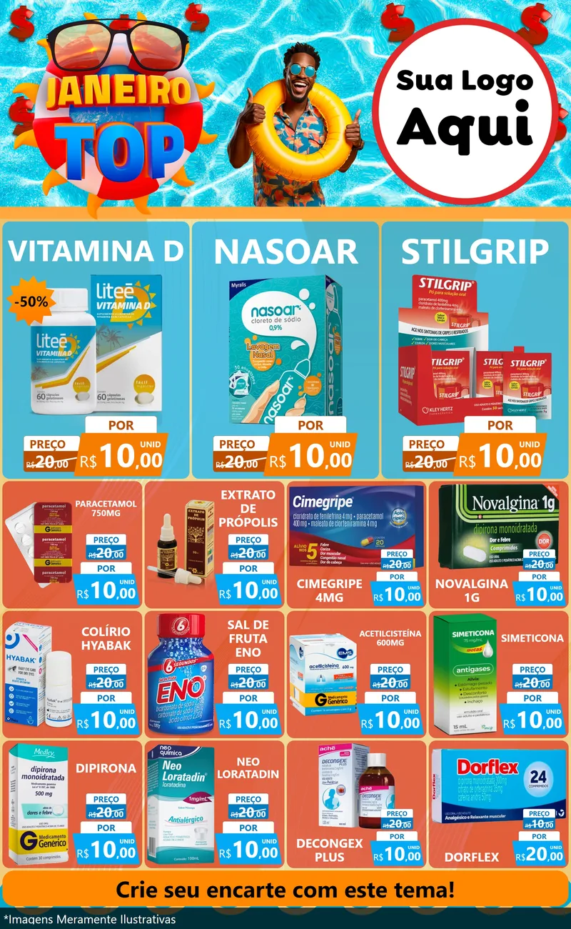 Modelo de Encarte para Encarte Grande com o tema Janeiro Top para Farmácia