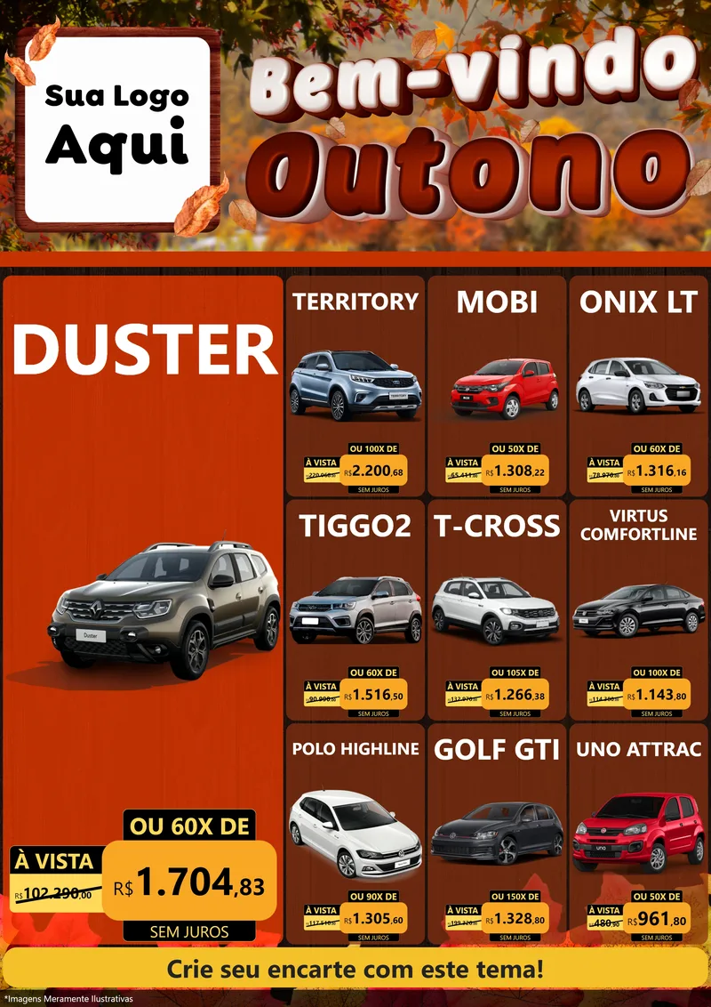 Modelo de Encarte para Encarte A4 Vertical com o tema Bem-vindo Outono para Concessionaria de Carros