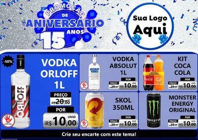 Modelo de Encarte para Encarte A4 Horizontal com o tema Promoção de Aniversário - 15 Anos para Distribuidora de bebidas