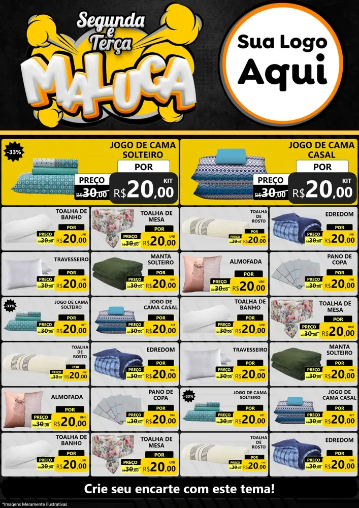 Modelo de Encarte para Encarte A4 Vertical com o tema Segunda e Terça Maluca para Cama, Mesa e Banho