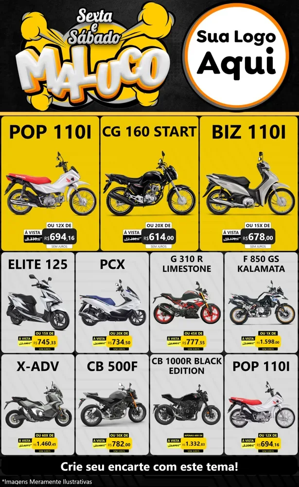 Modelo de Encarte para Encarte Grande com o tema Sexta e Sábado Maluco para Concessionaria de Motos