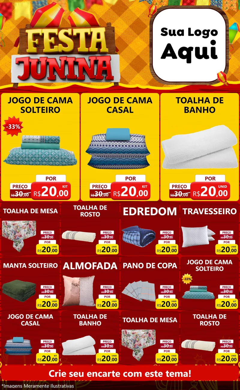 Modelo de Encarte para Encarte Grande com o tema Festa Junina para Cama, Mesa e Banho