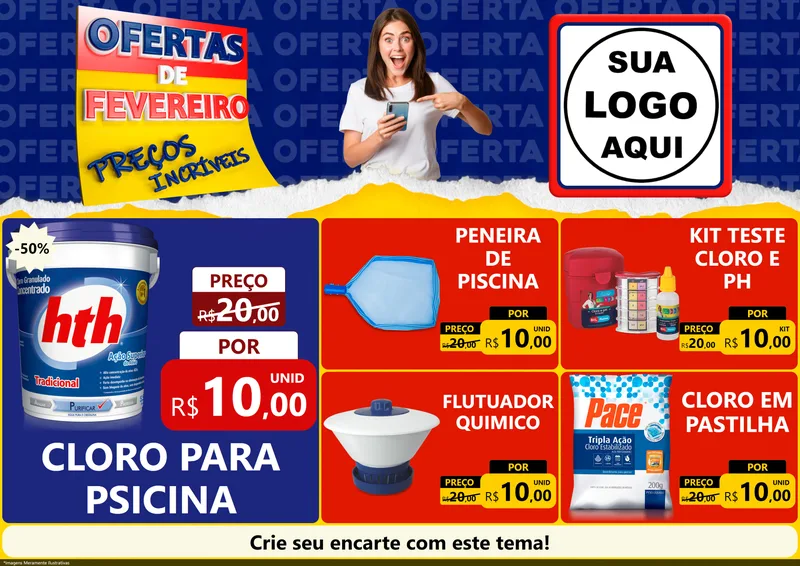 Modelo de Encarte para Encarte A4 Horizontal com o tema Ofertas de Fevereiro - Preços Incríveis para Produtos para Piscina