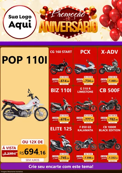 Modelo de Encarte para Encarte A4 Vertical com o tema Promoção de Aniversário para Concessionaria de Motos
