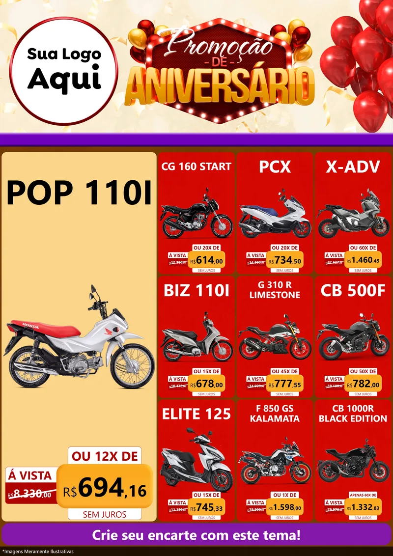 Modelo de Encarte para Encarte A4 Vertical com o tema Promoção de Aniversário para Concessionaria de Motos