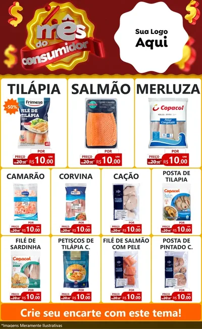 Modelo de Encarte para Encarte Grande com o tema Mês do consumidor para Peixaria