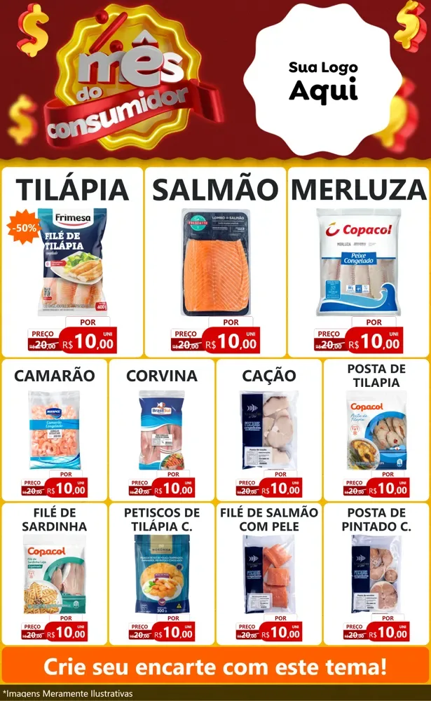 Modelo de Encarte para Encarte Grande com o tema Mês do consumidor para Peixaria