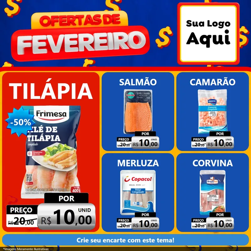 Modelo de Rede Social para Feed Facebook com o tema Ofertas de Fevereiro para Peixaria