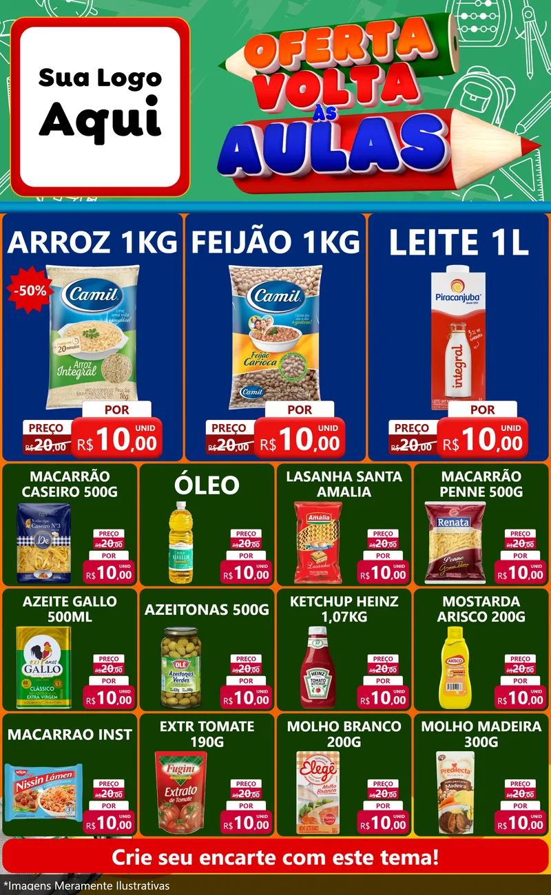 Modelo de Encarte para Encarte Grande com o tema Oferta Volta Às Aulas para Supermercado