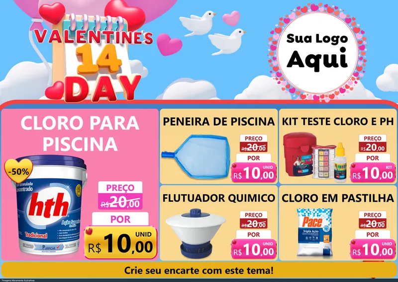 Modelo de Encarte para Encarte A4 Horizontal com o tema Valentine's Day para Produtos para Piscina
