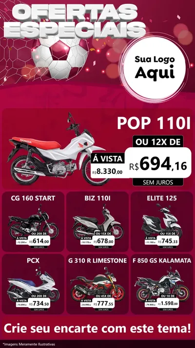 Modelo de Rede Social para Stories com o tema Ofertas Especiais - Futebol para Concessionaria de Motos