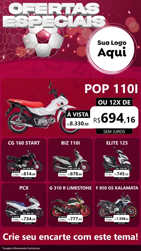Modelo de Rede Social para Stories com o tema Ofertas Especiais - Futebol para Concessionaria de Motos