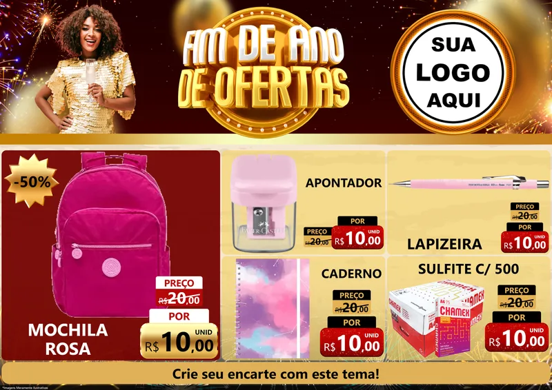 Modelo de Encarte para Encarte A4 Horizontal com o tema Fim de Ano de Ofertas para Papelaria