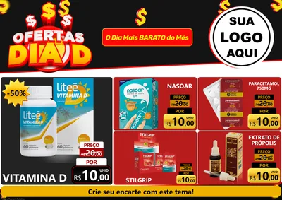Modelo de Encarte para Encarte A4 Horizontal com o tema Ofertas Dia D para Farmácia