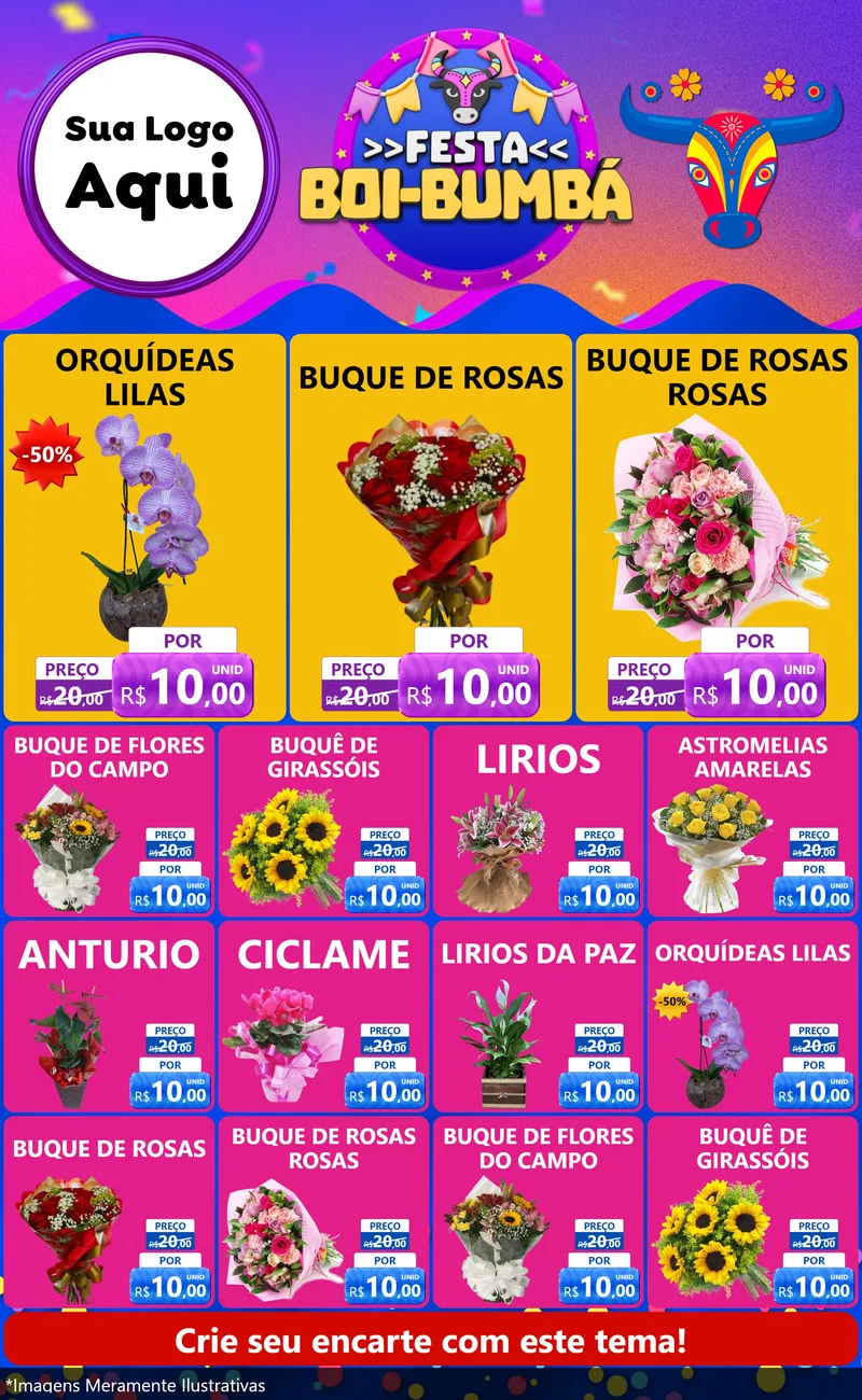 Modelo de Encarte para Encarte Grande com o tema Festa Boi-Bumbá para Floricultura e jardim
