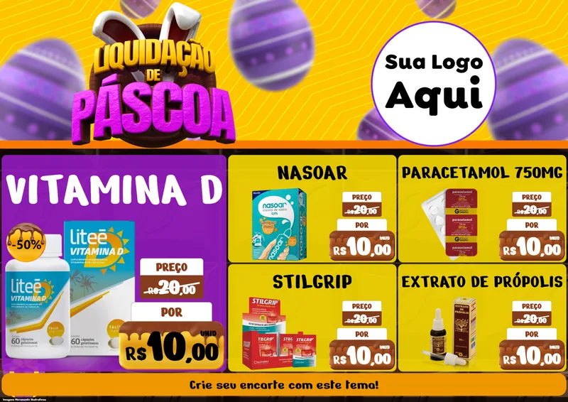 Modelo de Encarte para Encarte A4 Horizontal com o tema Liquidação de Páscoa para Farmácia