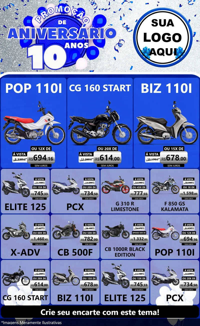 Modelo de Encarte para Encarte Grande com o tema Promoção de Aniversário - 10 Anos para Concessionaria de Motos