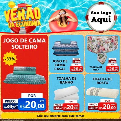 Modelo de Rede Social para Feed Facebook com o tema Verão da Economia para Cama, Mesa e Banho