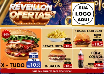 Modelo de Encarte para Encarte A4 Horizontal com o tema Réveillon de Ofertas para Hamburgueria