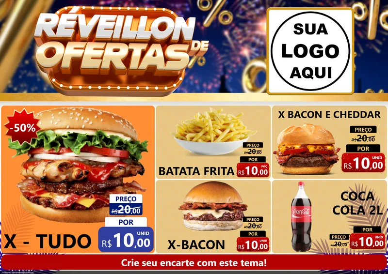 Modelo de Encarte para Encarte A4 Horizontal com o tema Réveillon de Ofertas para Hamburgueria