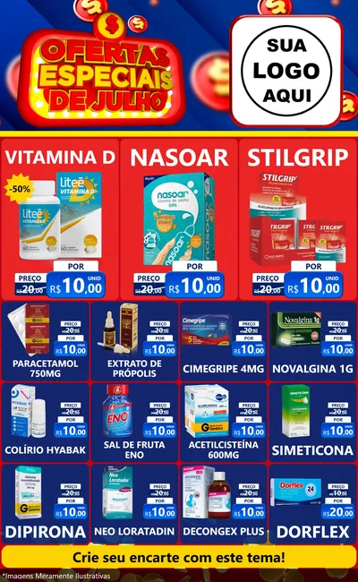 Modelo de Encarte para Encarte Grande com o tema Ofertas Especiais de Julho para Farmácia